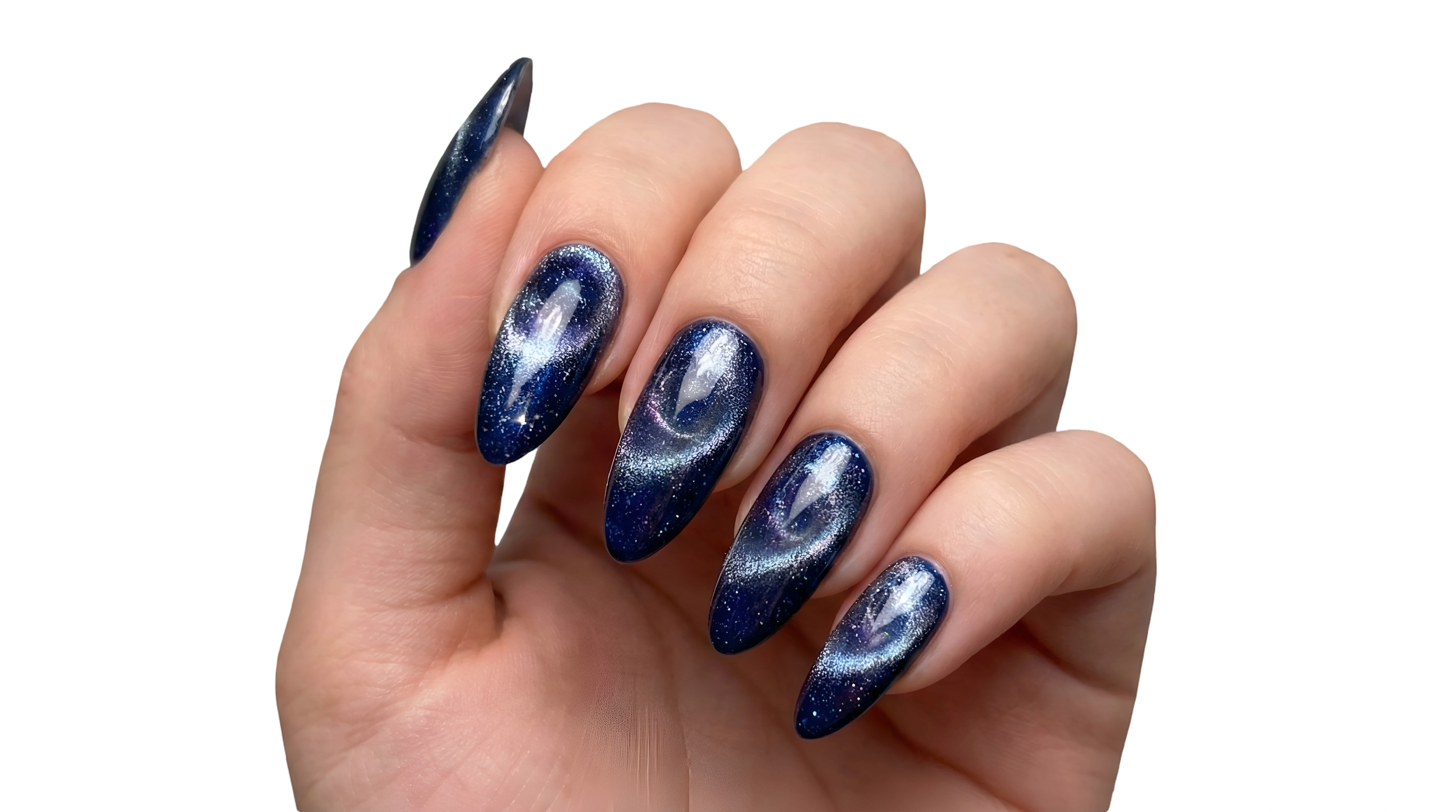 Deep blue pointed nails with luminous silver swirls