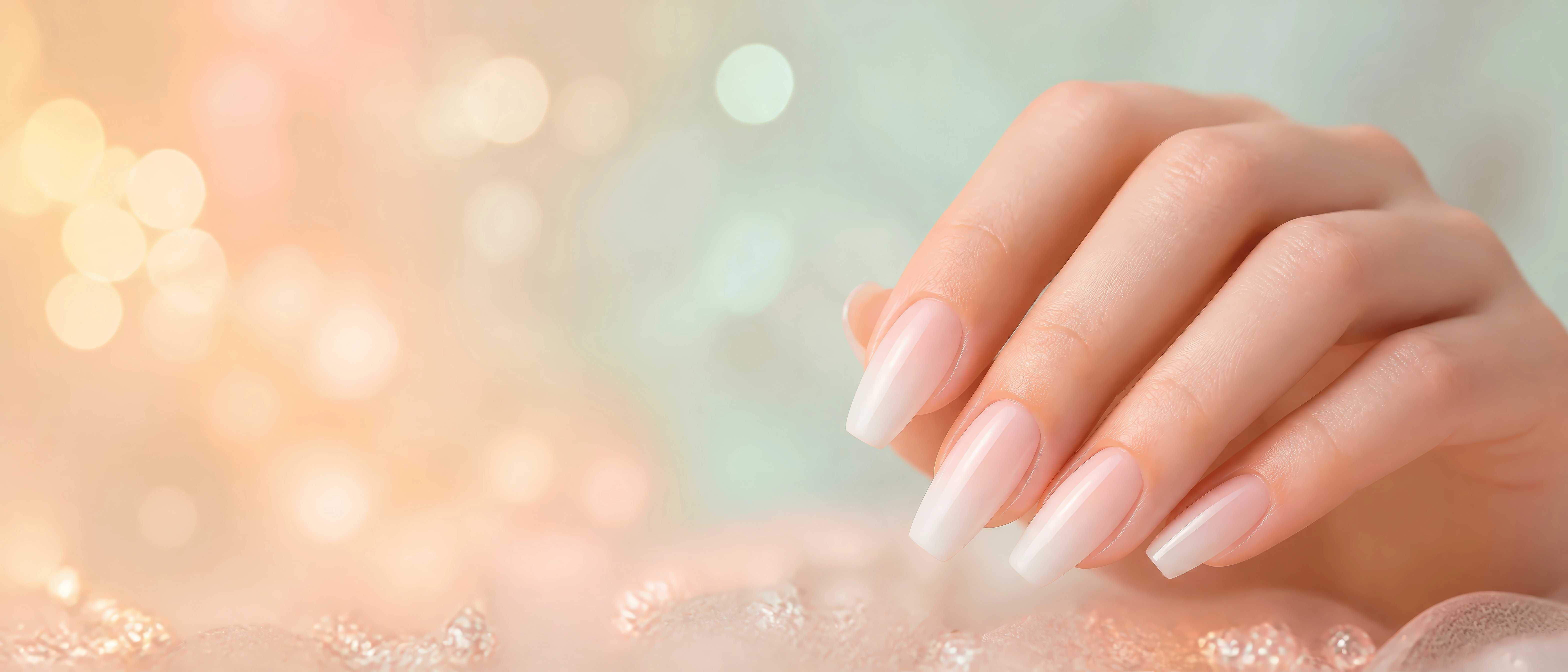 Neutral manicured nails against a softly glowing pastel background
