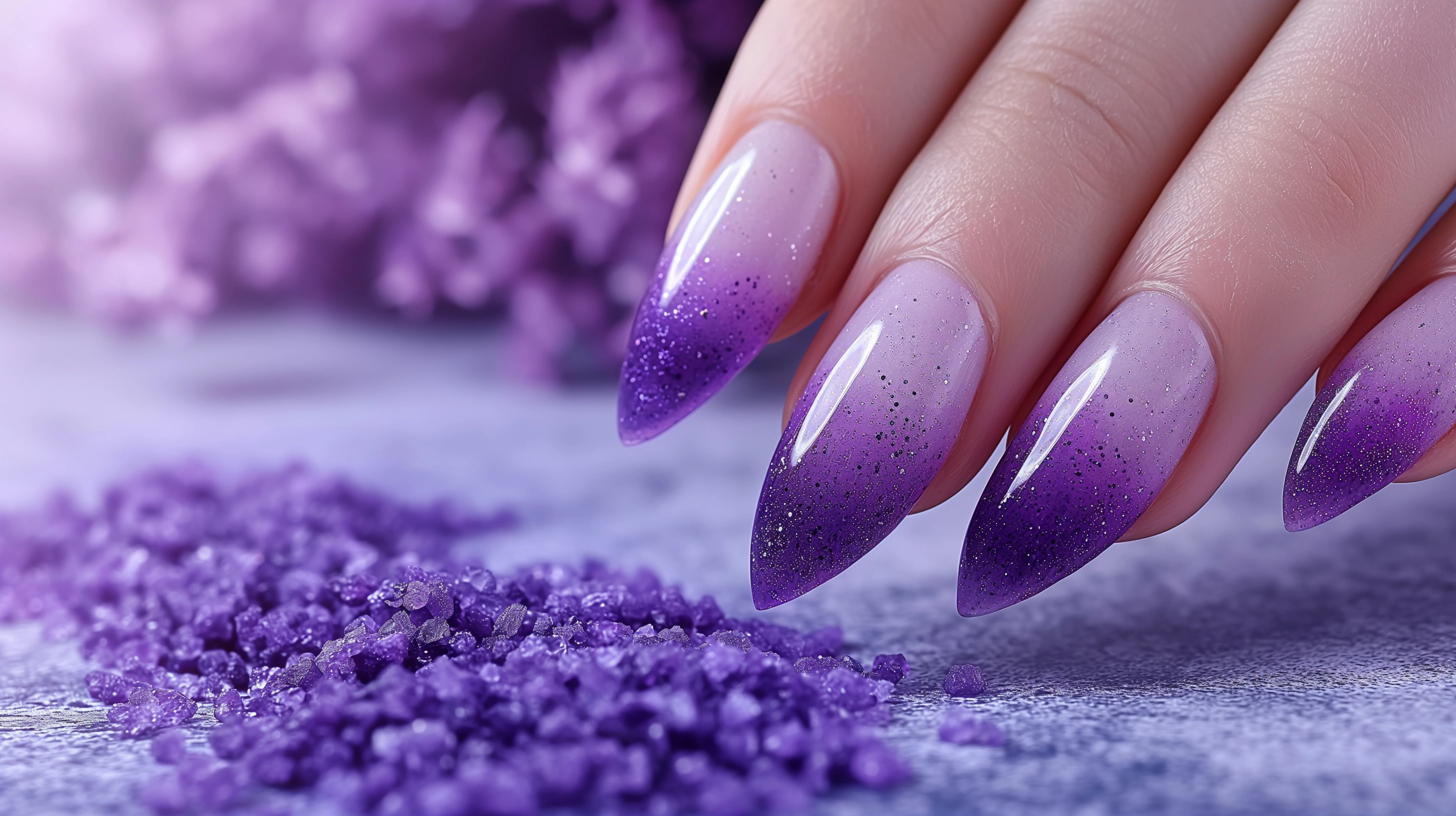 Glossy purple ombre nails resting on violet flowers
